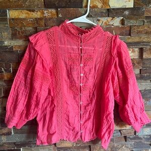 Free People Vibrant Pink Cotton Bottom Up Blouse Size Small